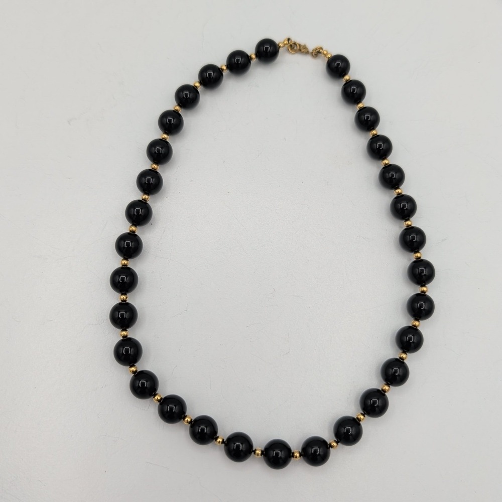 Vintage Monet Black Beaded Choker Necklace Gold Tone Spacers 15" - Picture 7 of 13